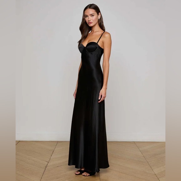 L’AGENCE Sayla Silk Slip Gown NWT $695 Black Satin Size 2 Maxi Dress - Picture 2 of 16
